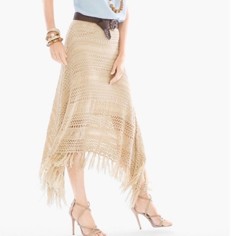 Chico's Crochet Fringe Midi Skirt Womens 1 Med Beige Boho Handkerchief Hem Lined